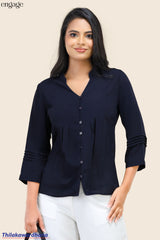 Engage Pleated Sleeve Button Front Top