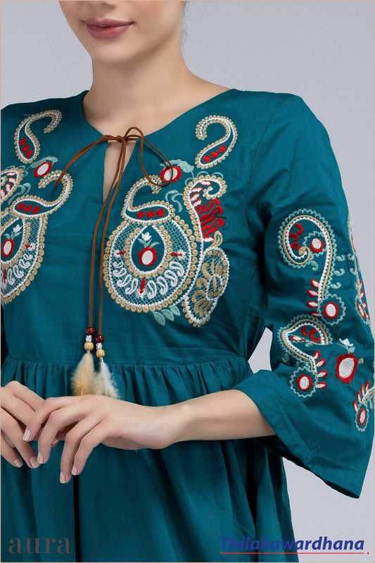 Aura Paisley Embroidered Tie-Up Dress