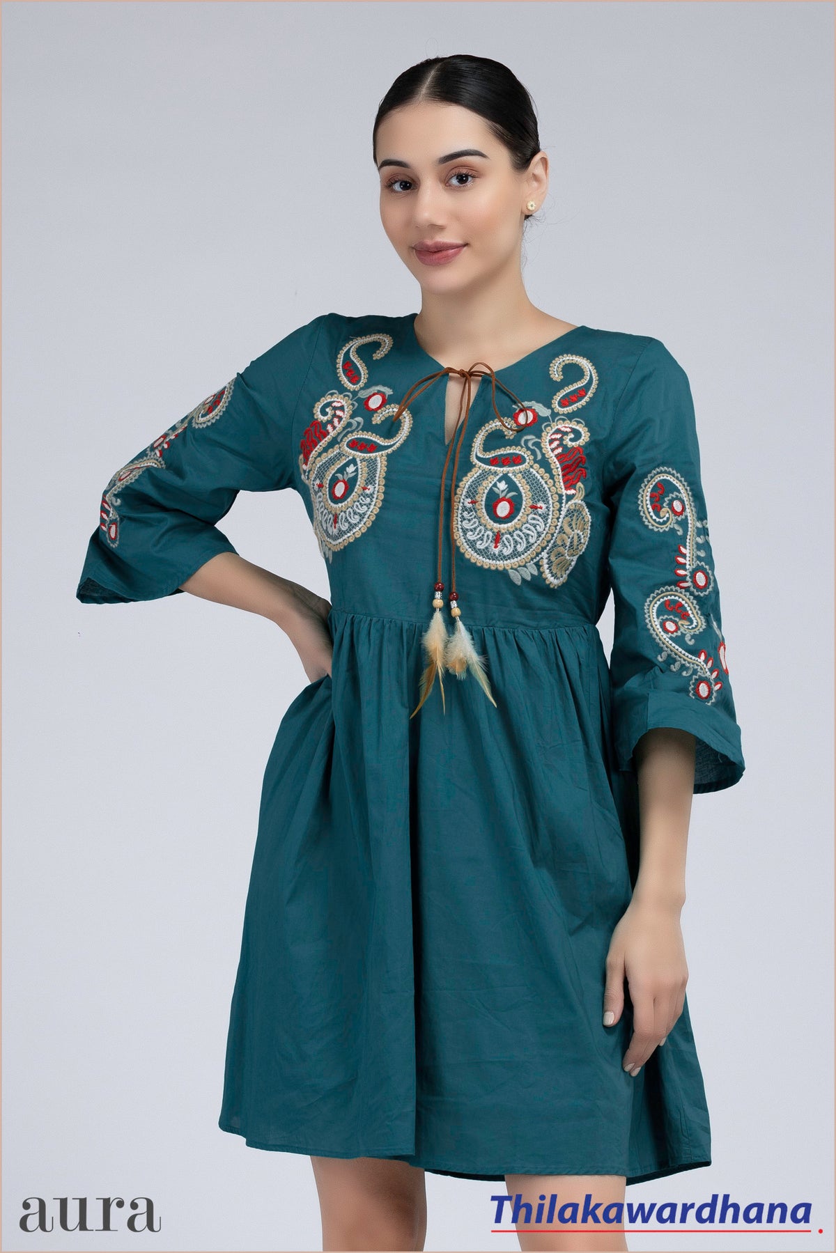 Aura Teal Paisley Embroidered Tie-Up Dress