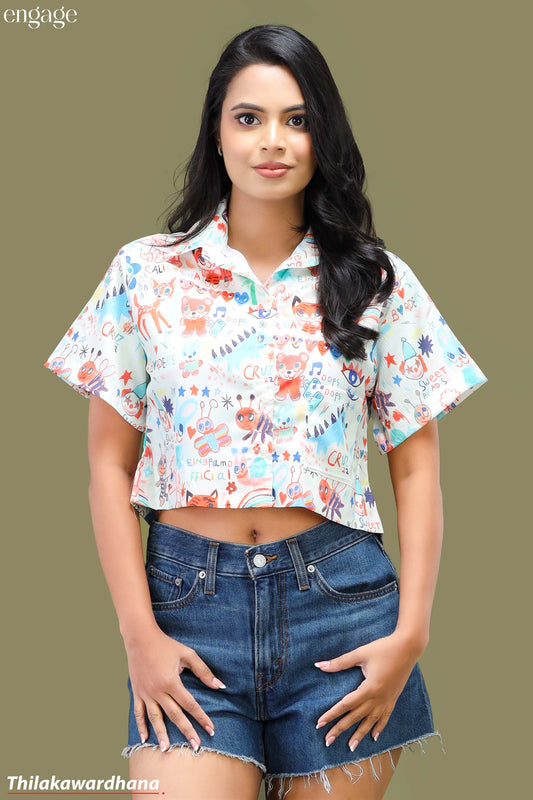 Engage Playful Doodle Print Cropped Shirt