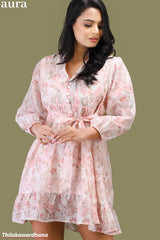 Aura Pink Floral Tie Waist Tiered Dress