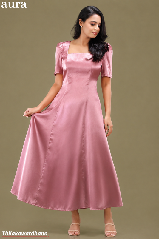Aura Dusty Rose Satin Square Neck Dress