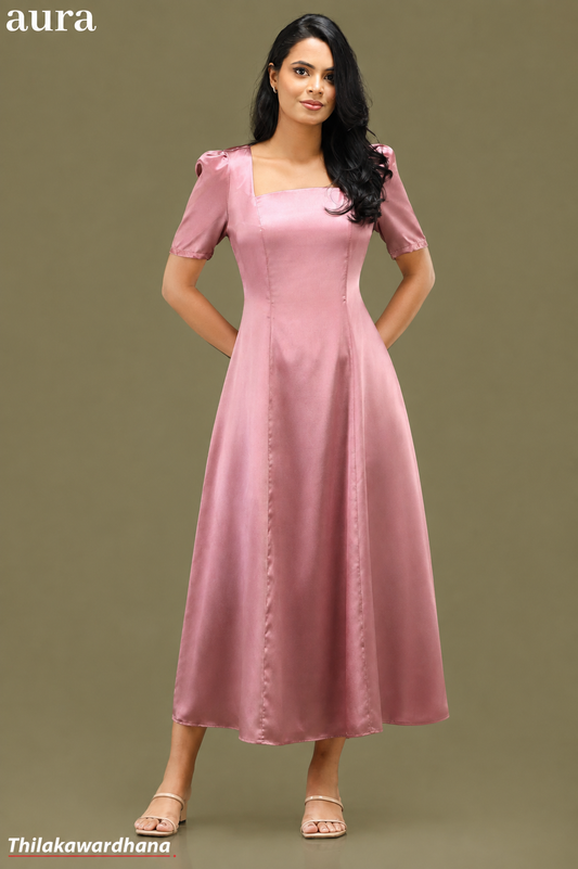 Aura Dusty Rose Satin Square Neck Dress