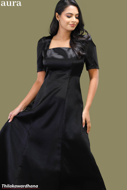 Aura Black Satin Square Neck A-Line Dress