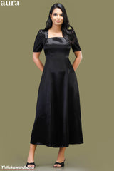 Aura Black Satin Square Neck A-Line Dress