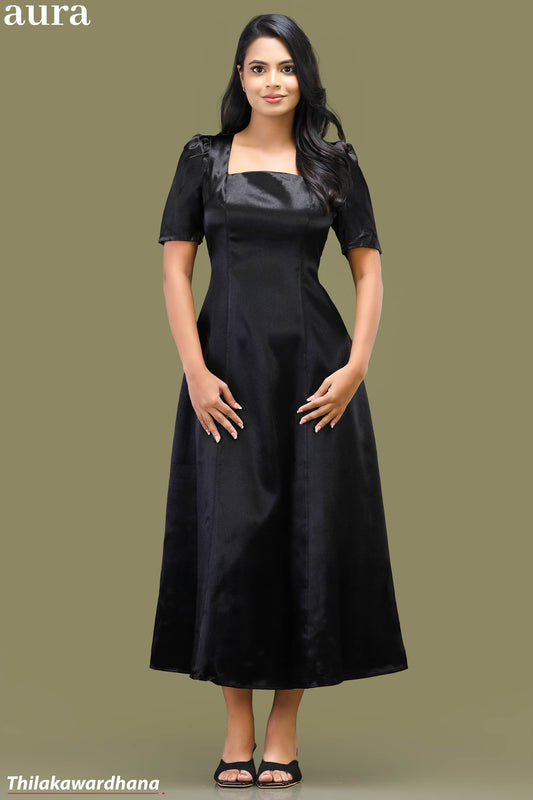 Aura Black Satin Square Neck A-Line Dress