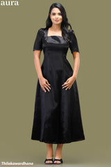 Aura Black Satin Square Neck A-Line Dress