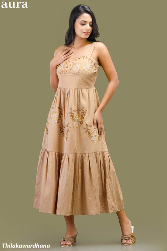 Aura Embroidered Sweetheart Neck Linen Dress