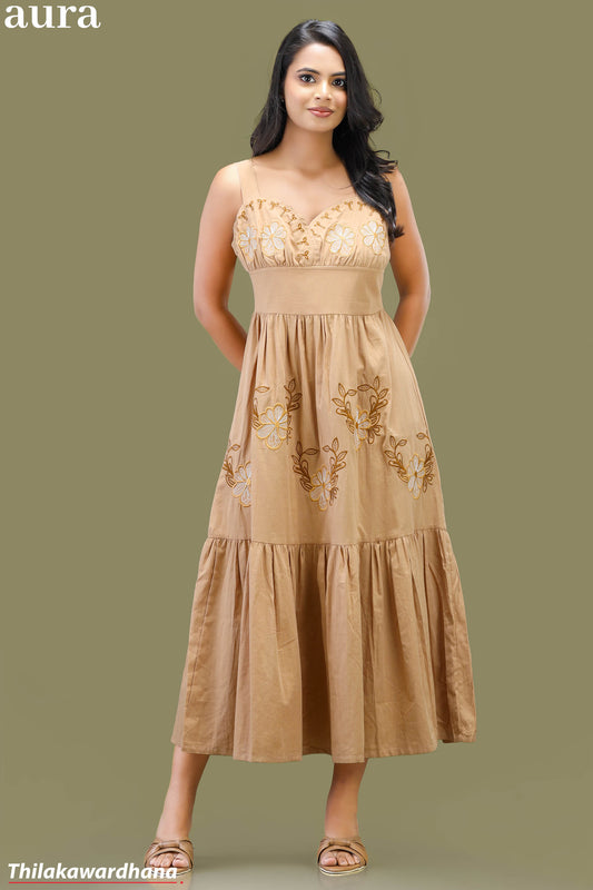 Aura Embroidered Sweetheart Neck Linen Dress