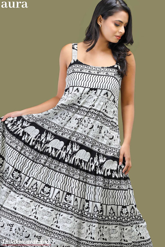 Aura Monochrome Patterned Strappy Maxi Dress