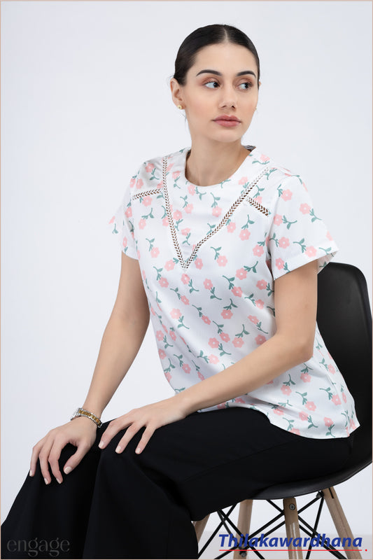 Engage Floral Lace Detail Short Sleeve Top