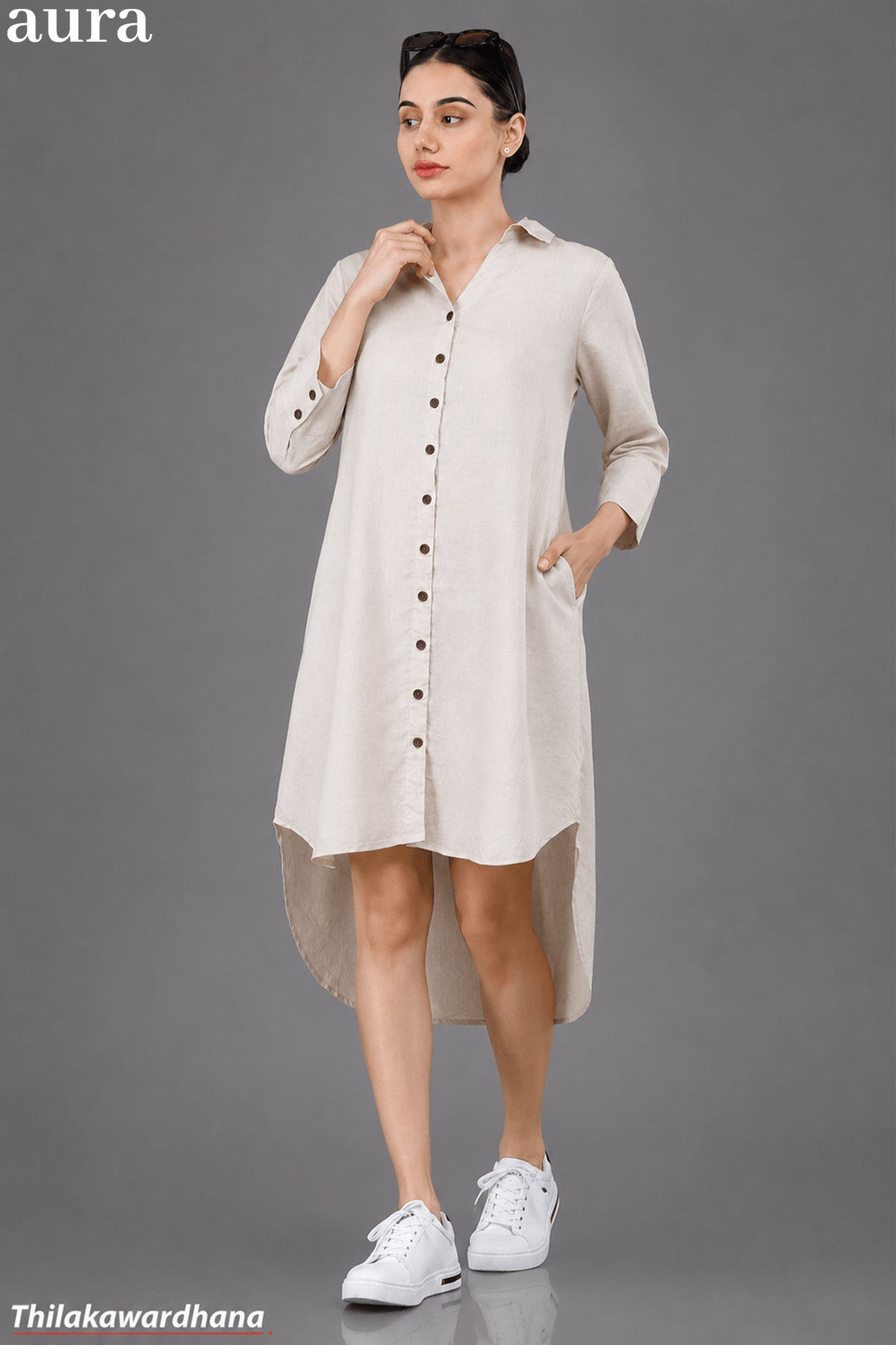 Aura High Low Button Front Linen Shirt Dress