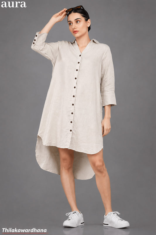 Aura High Low Button Front Linen Shirt Dress