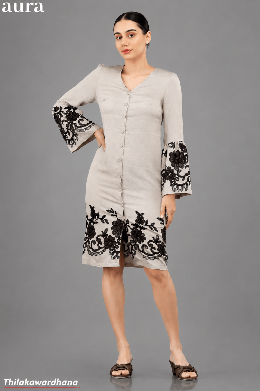 Aura Floral Embroidered Bell Sleeve Dress