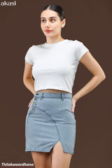 Akasi Asymmetric Button Detail Denim Skirt