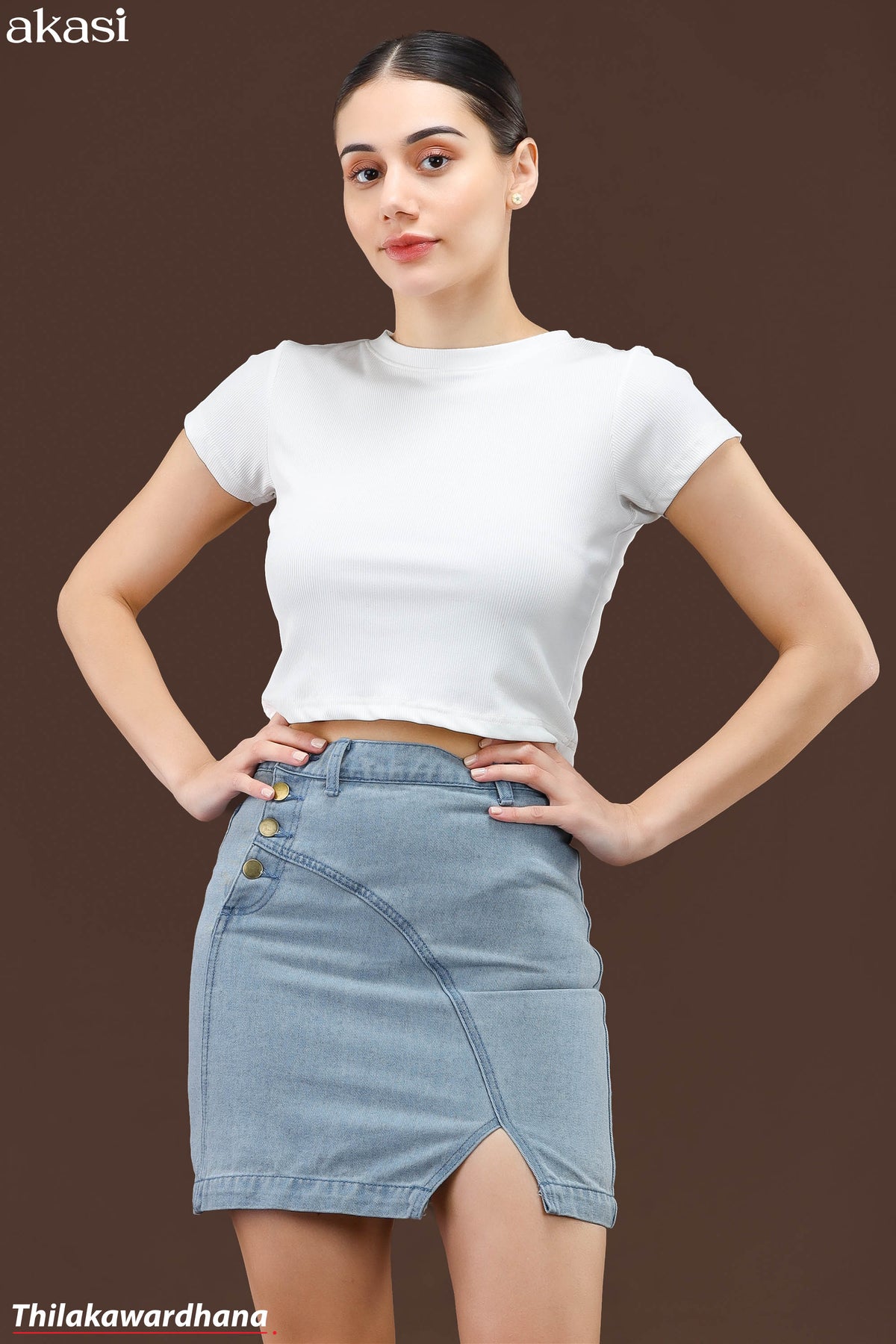 Akasi Asymmetric Button Detail Denim Skirt