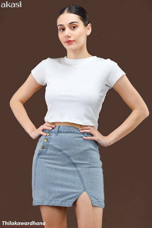 Akasi Asymmetric Button Detail Denim Skirt