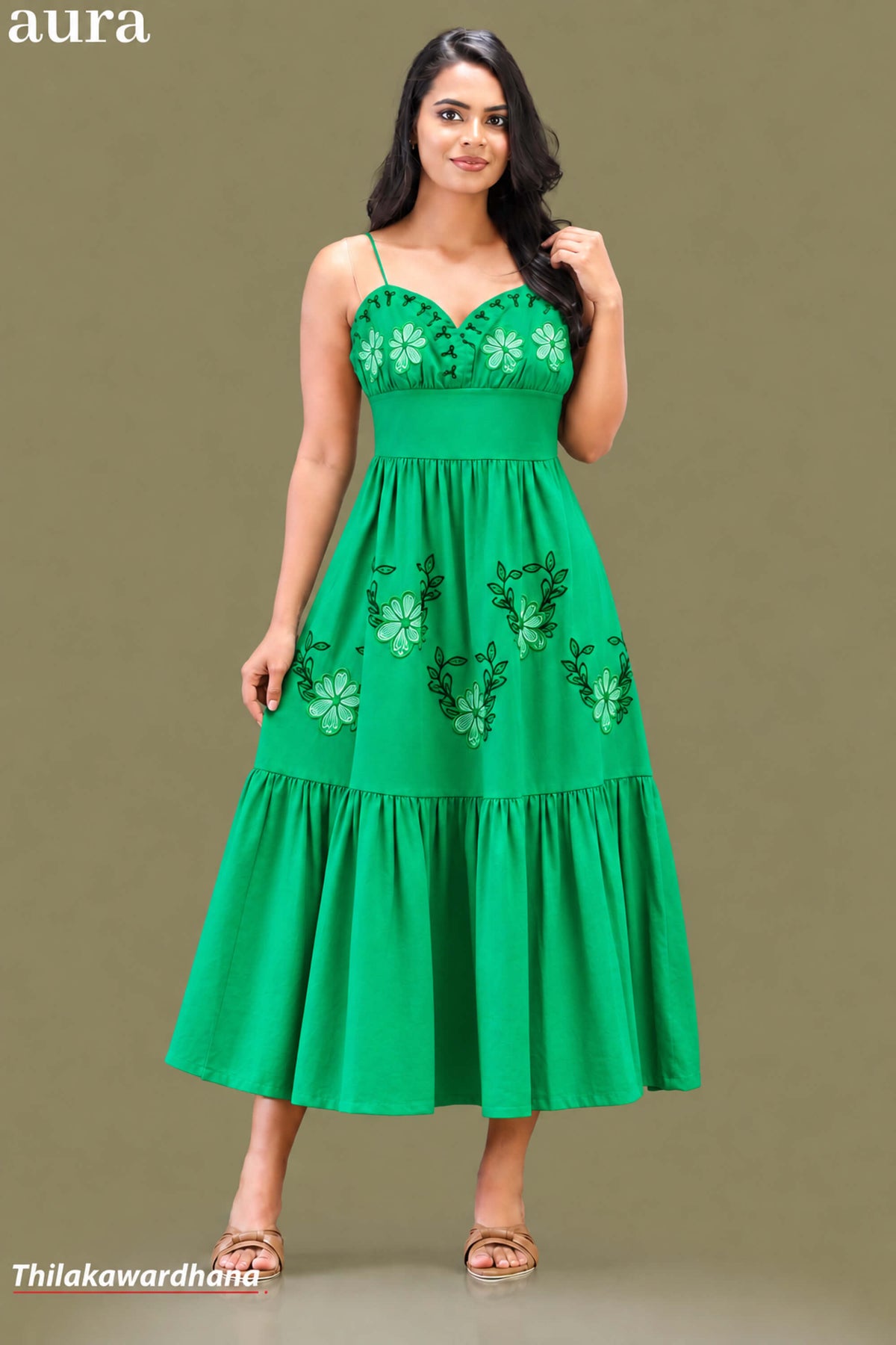 Aura Embroidered Sweetheart Neck Linen Dress