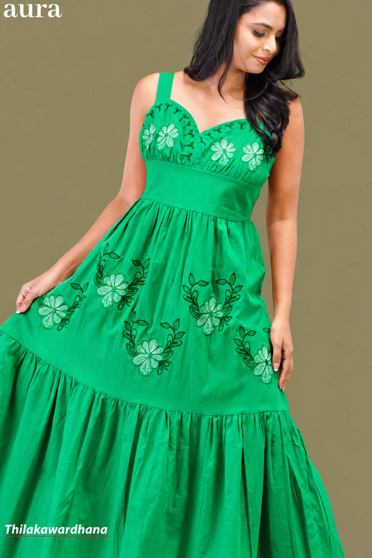 Aura Embroidered Sweetheart Neck Linen Dress