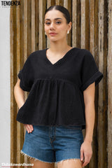 Tendenza V Neck Babydoll Peplum Top