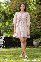 Aura Pink Floral Tie Waist Tiered Dress