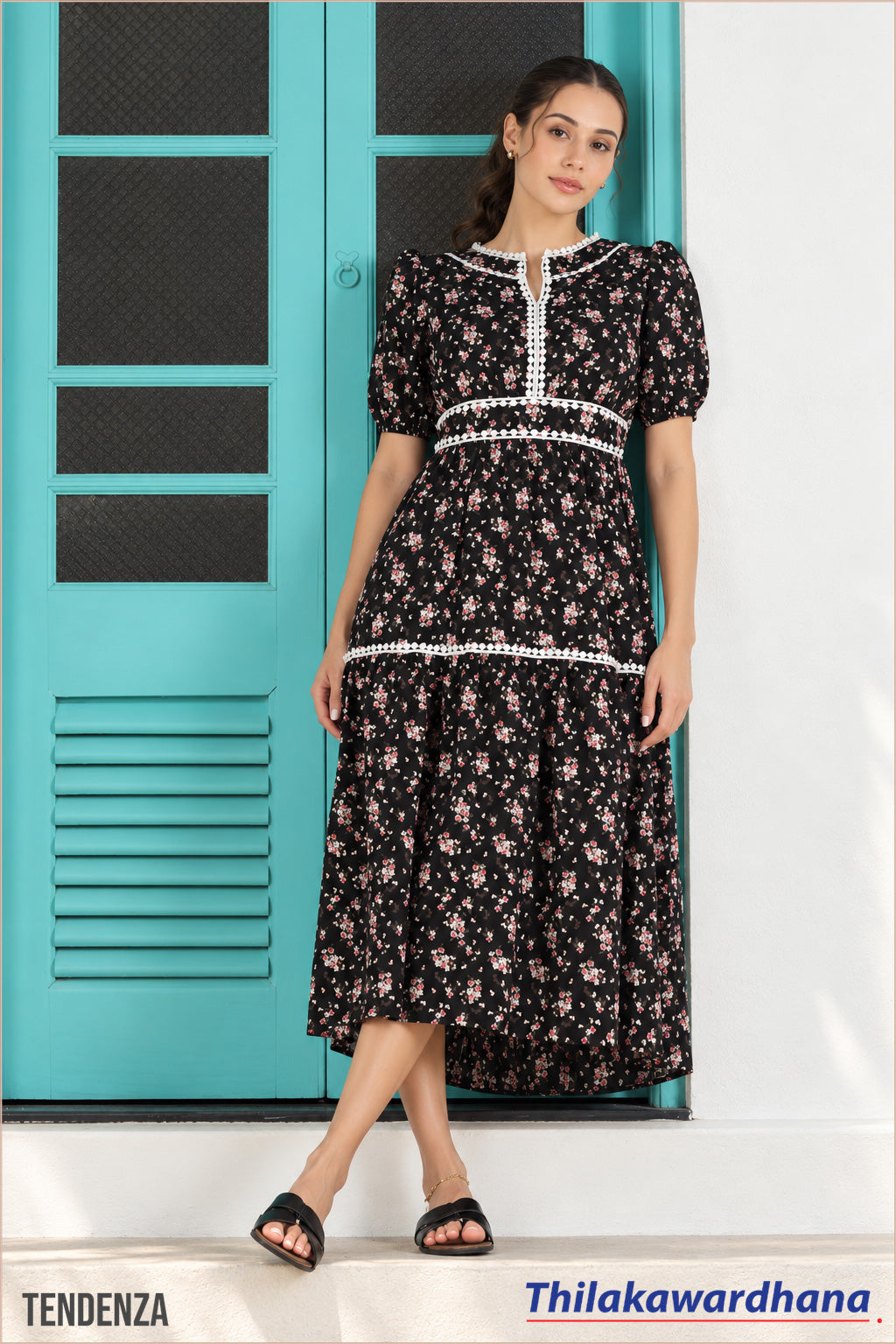 Tendenza Contrast Trim Lace Floral Dress