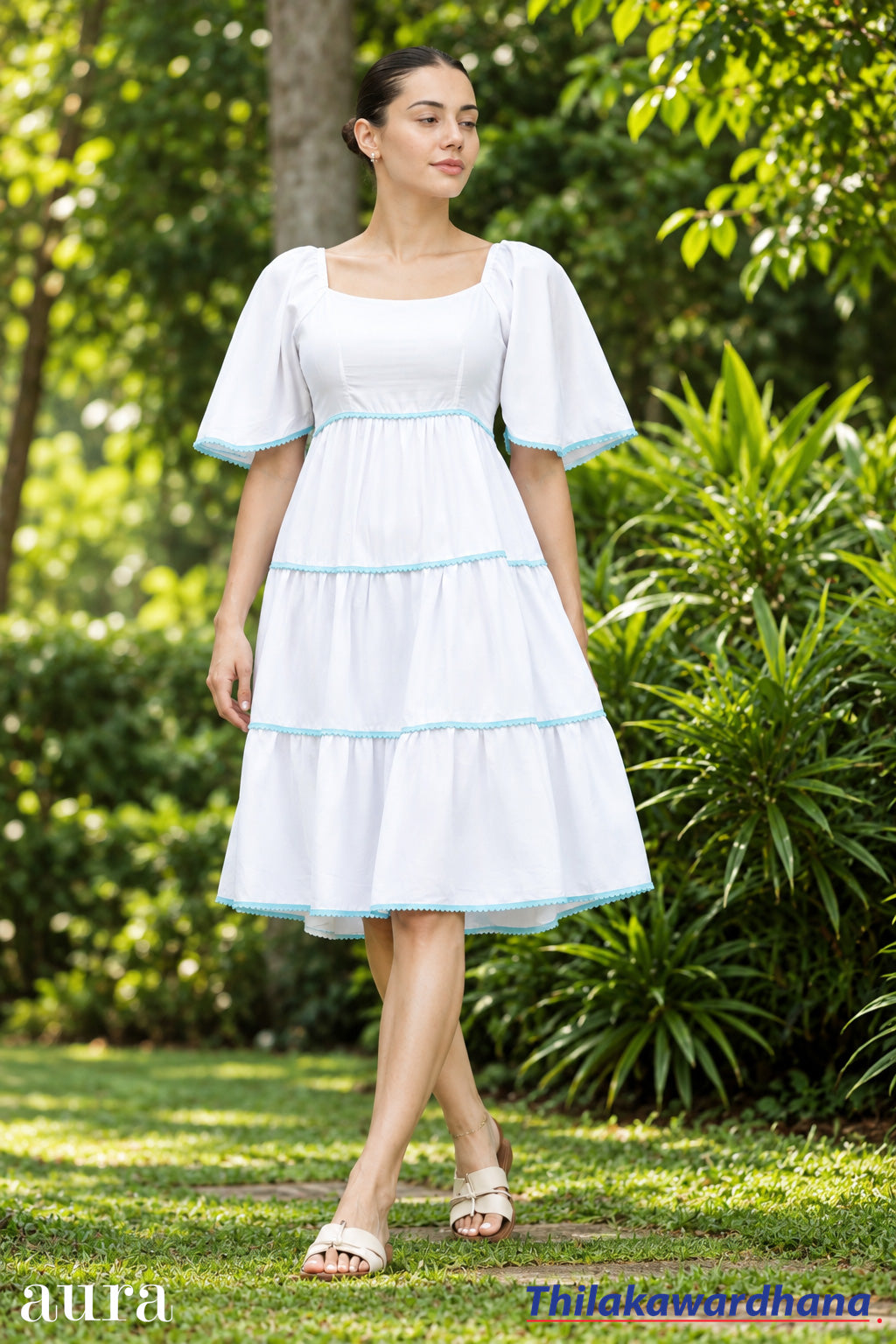 Aura Puff Sleeve Tiered Midi Dress