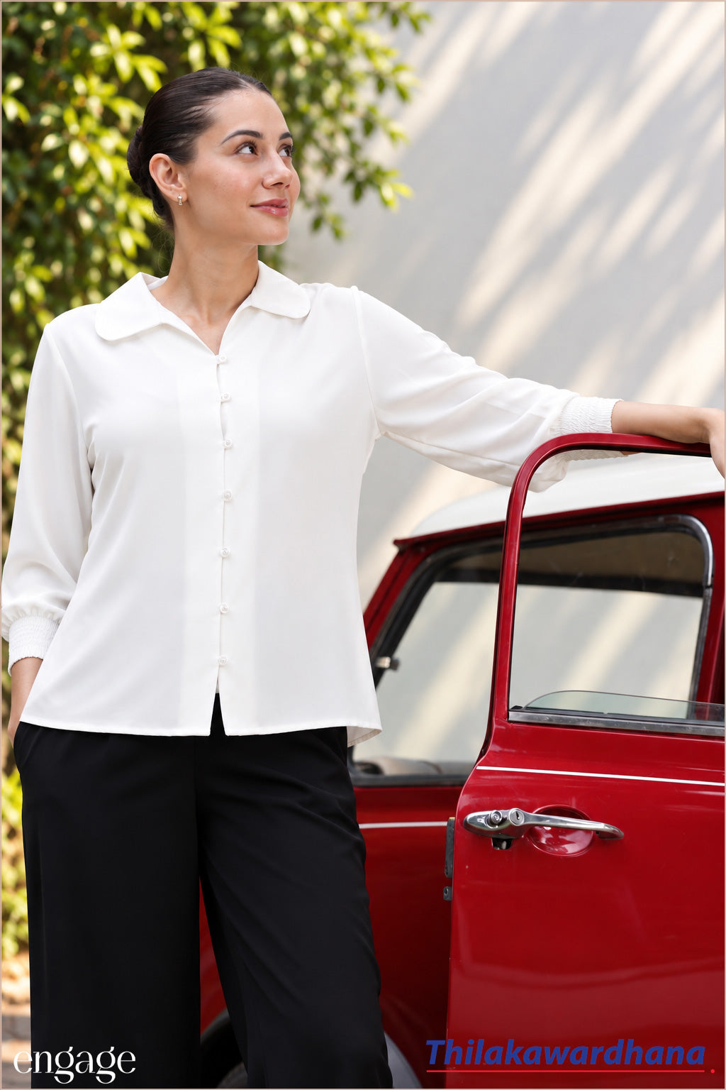 Engage Smocked Cuff Button Front Top