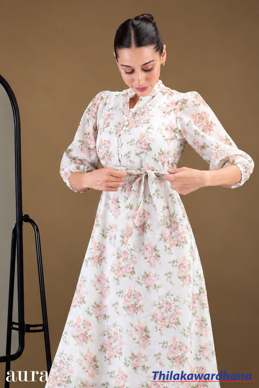 Aura Button Front Self Tie Waist Belted Dress