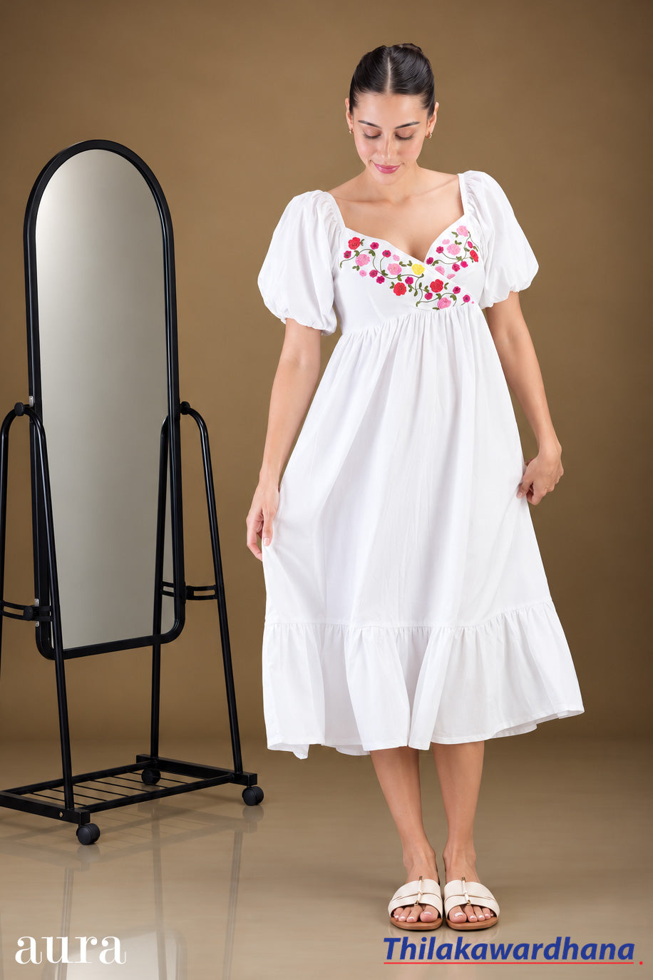 Aura Floral Embroidered Puff Sleeve Mini Dress