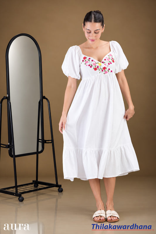 Aura Floral Embroidered Puff Sleeve Mini Dress