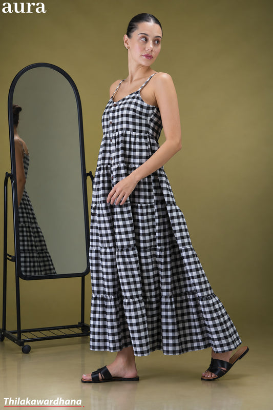 Aura Checked Strappy Gathered Tiered Maxi Dress