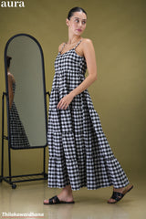 Aura Checked Strappy Gathered Tiered Maxi Dress