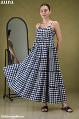 Aura Checked Strappy Gathered Tiered Maxi Dress