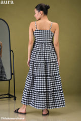 Aura Checked Strappy Gathered Tiered Maxi Dress