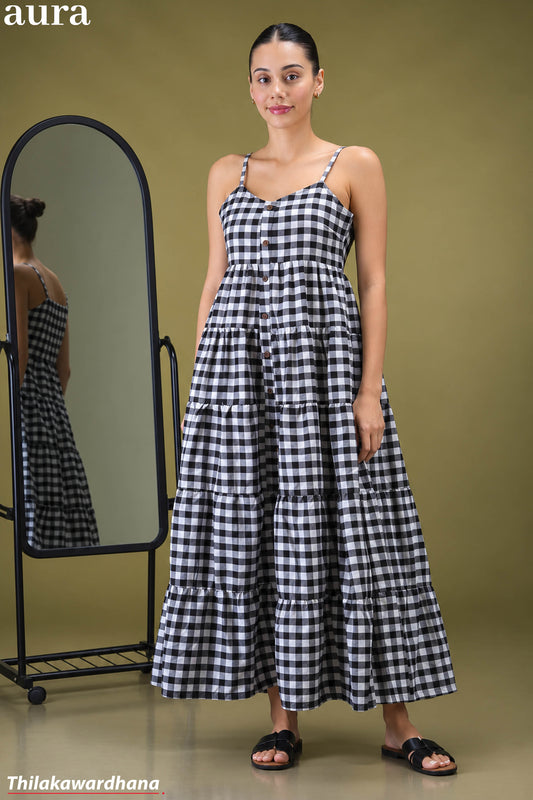 Aura Checked Strappy Gathered Tiered Maxi Dress