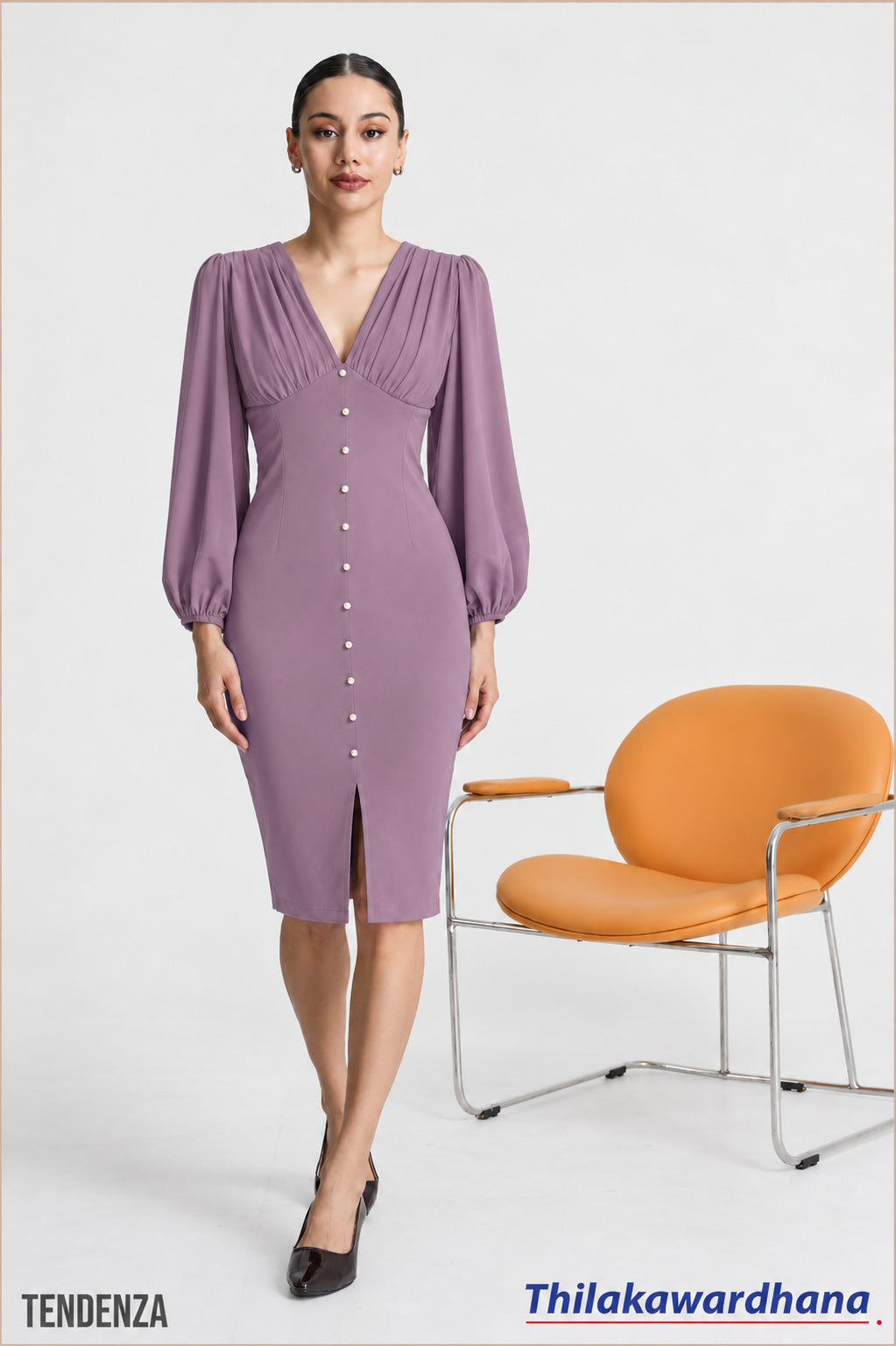 Tendenza Balloon Sleeve Slit Hem Midi Dress