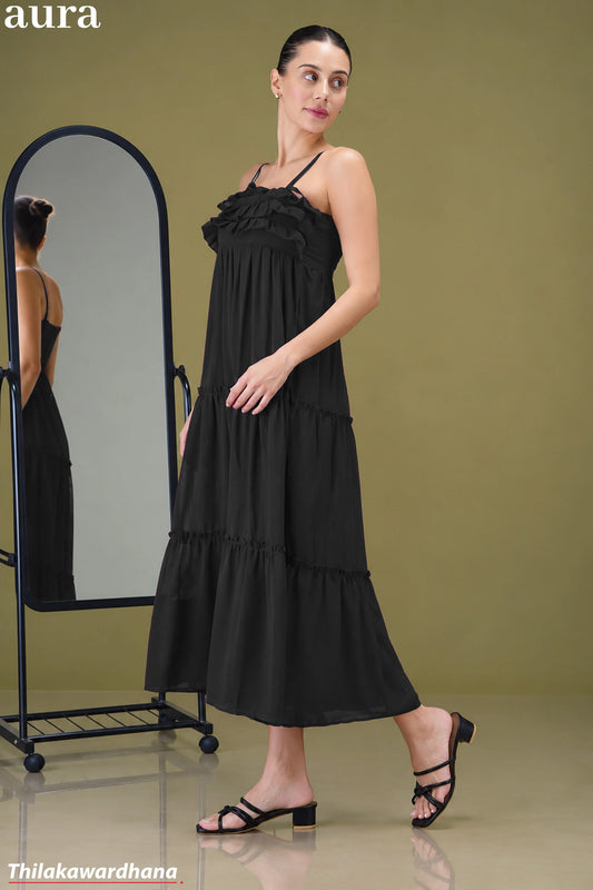 Aura Spaghetti Strap Ruffle Front Tiered Maxi Dress