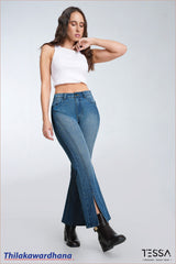 TESSA Indigo Split Hem Mid Washed Flare Jean