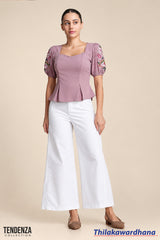 Tendenza Puff Sleeve Embroidered Top