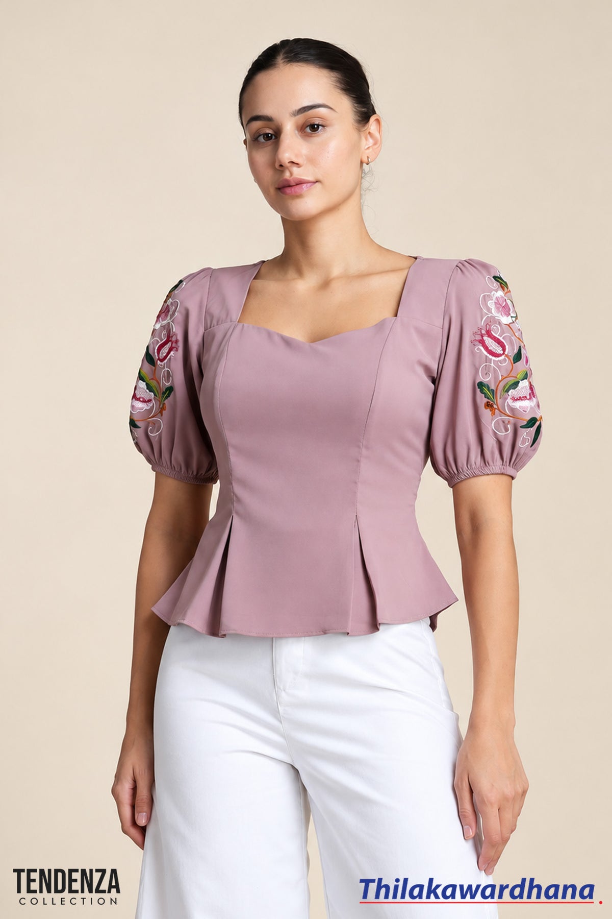 Tendenza Puff Sleeve Embroidered Top