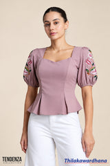 Tendenza Puff Sleeve Embroidered Top