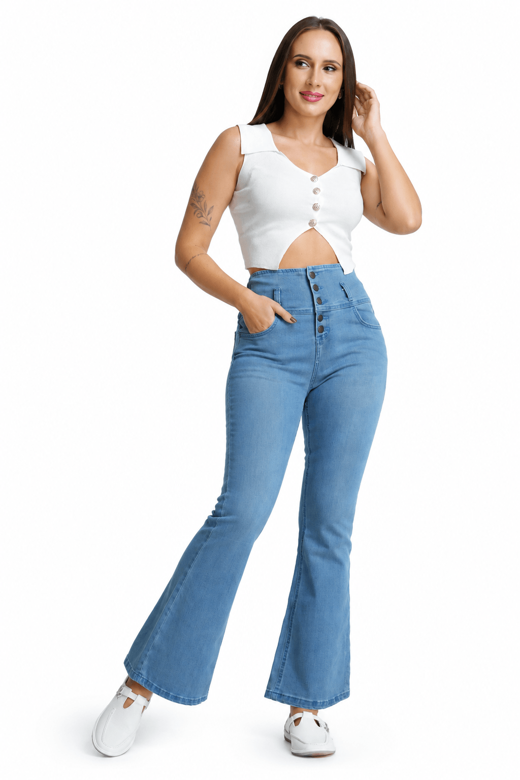 High Rise Button Flare Jean