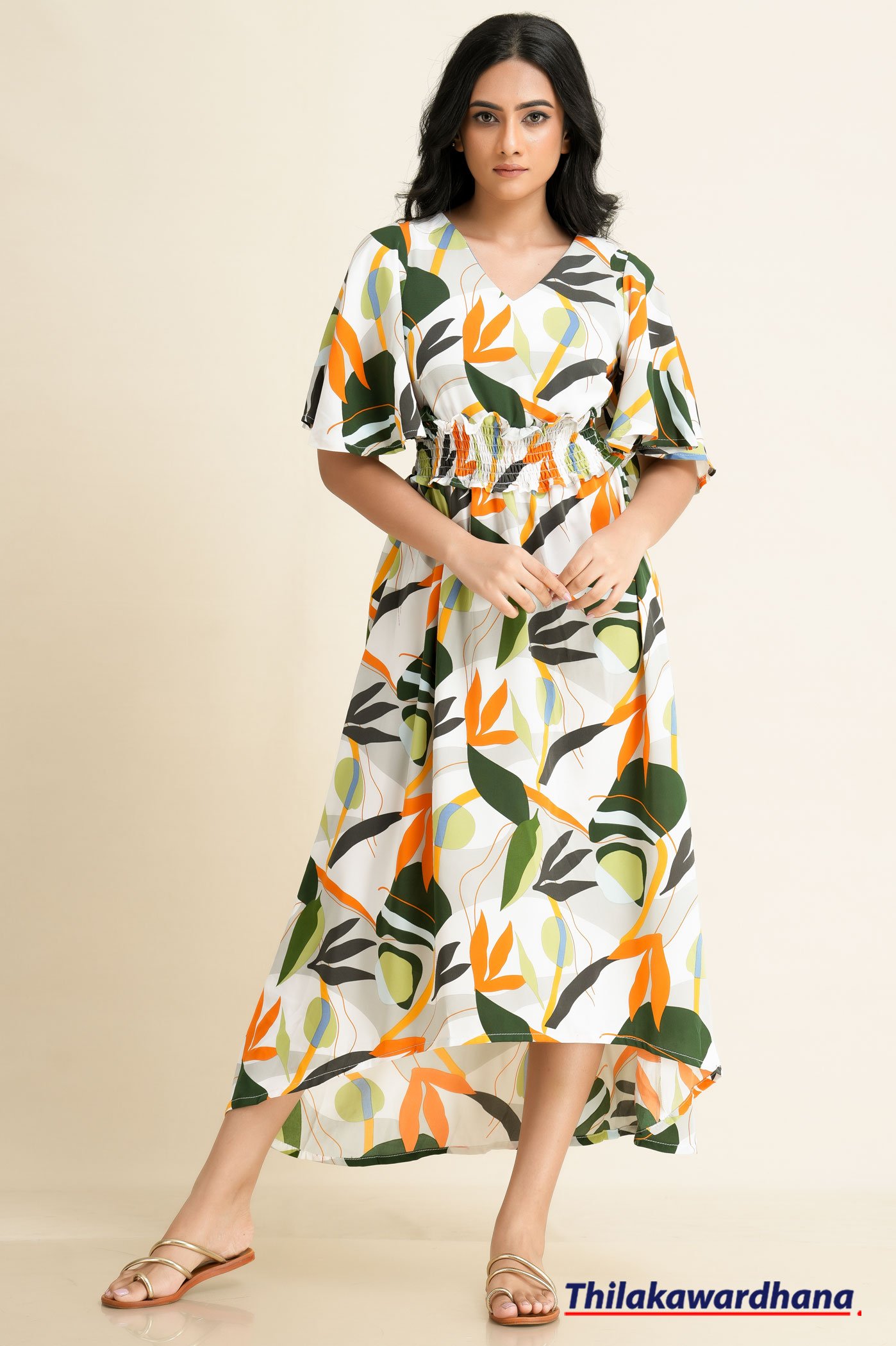 Flared Sleeve Printed Midi Dress – Thilakawardhana